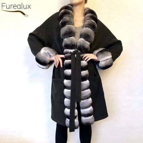FUREALUX Natural Rex Rabbit Fur Collar Long Woolen Coat Fall Winter Fashion Light Luxury Warm Womens Clothing New Arrival