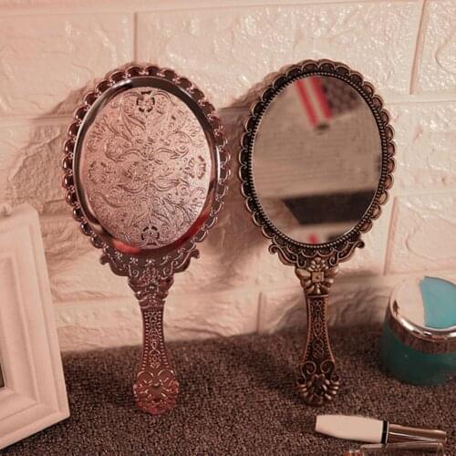 Mini Portable Vintage Mirror Hand Held Mirror Makeup Mirror Old Fashion ABS Comfy Oval Round Cosmetic with Handle for Gift