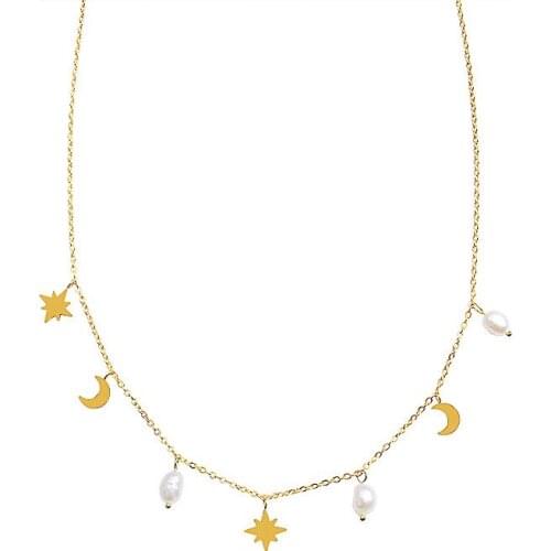 Real Pearl Star Moon Charms Necklace Titanium With 18K Gold Runway T Show Party Designer Gown Top Ins Japan Korean Trendy