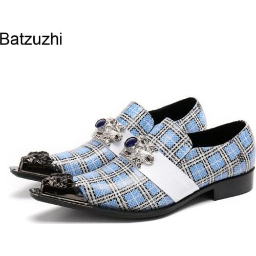 Batzuzhi Handmade Oxford Shoes for Men Slip on Genuine Leather Dress Shoes Men Pointed Metal Toe Party and Wedding Shoes for Men