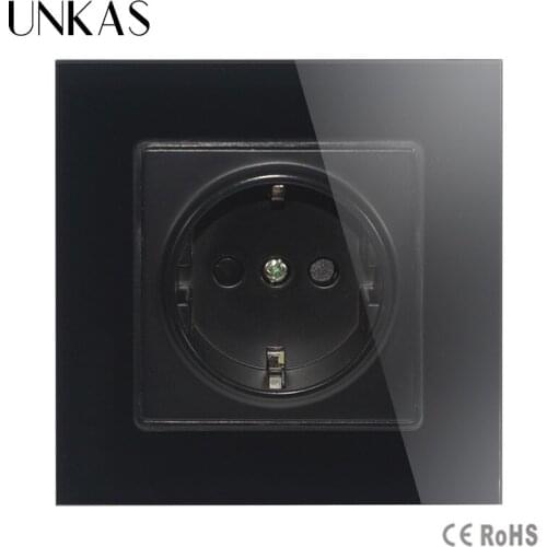 UNKAS tempered Crystal Glass Panel Free shipping EU Standard Power Socket AC 110~250V 16A Wall Power Socket, black Color