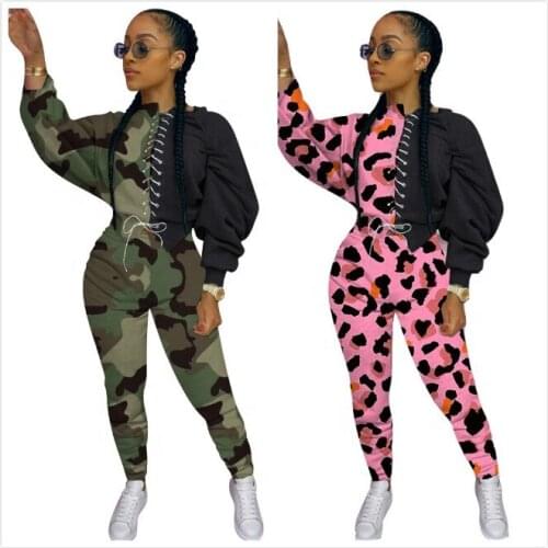 In stock Hot Fleece Plus Size Hoodie Blouses Women Matching Colors Puff Sleeve Tops Lacing Fall Sexy 2 Piece Joggers Sweater Set