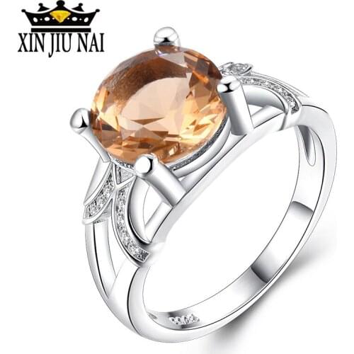 Top Quality Yellow Crystal Rose 925 silver Ring Jewelry champagne Crystals From Austria Full Sizes wedding ring diamond jewelry
