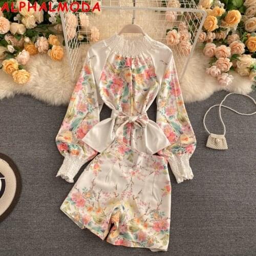 ALPHALMODA 2021 Spring Women Printed Floral Sashes Blouse + High Waist shorts Beautiful 2pcs Suit Ladies Prairie Chic Shorts Set