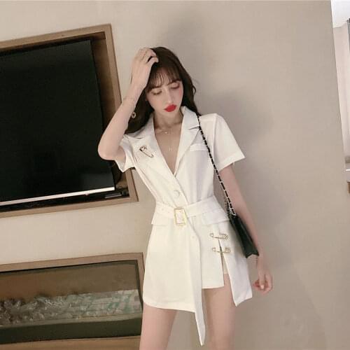 Bella 2021 High Waist Belt Sashes Lapel V-neck Pin Elegant Split Blazer Women Summer Korean Sexy Fashion Office Suit Outfit Dark