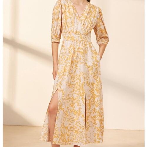 2021 New Summer Split Long Dresses for Women Leaves Print V-Neck Ladies Slim Waist Short Sleeve Midi Dress for Holiday Beach