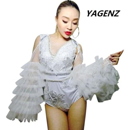 2020 Fashion Female Black Perspective Gauze Sequins Rhinestone Ds Costume Sexy Female DJ Singer Jazz Lead Dancer Prom Bodysuit