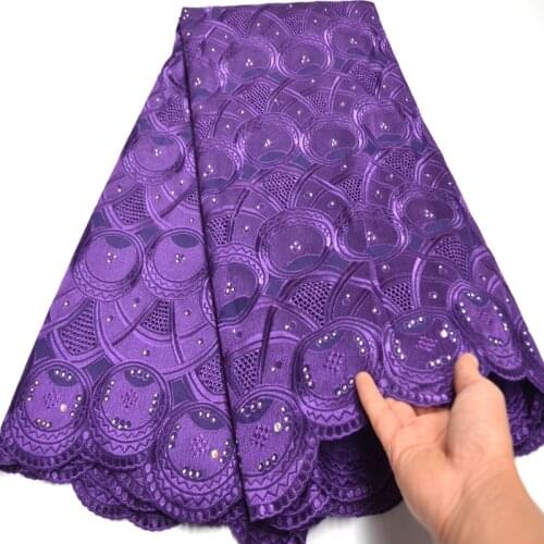 Free Shipping Purple High quality wedding African Fabric lace with stones 5 Yards 100% Cotton Swiss Voile Lace-N8860