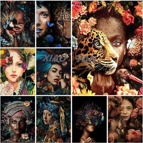5D DIY Diamond Painting Animal Flower African Lady Full Round Diamond Mosaic Sticker Diamond Cross Stitch Home Decoration