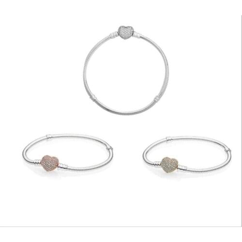 925 Sterling Silver Rose Gold Moments Pave Heart Clasp With Crystal Pan Bracelet Fit Women Charm Diy Jewelry