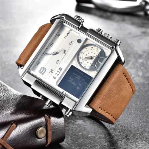 New Design LED Digit Dual Display Men Watches Big Size Square Dial Leather Sport Mens Wristwatches Luxury Brand Watch Male