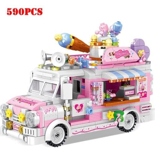 Friends For Girl Food Truck Ice Cream Shop Hamburger Store City Street View Micro Building Blocks Mini Bricks Children Toys Gift