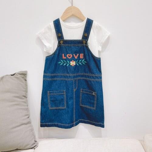 Kids Clothes Summer Spring Girls' cotton thin LOVE embroidered retro denim blue strap dress high quality girls dress