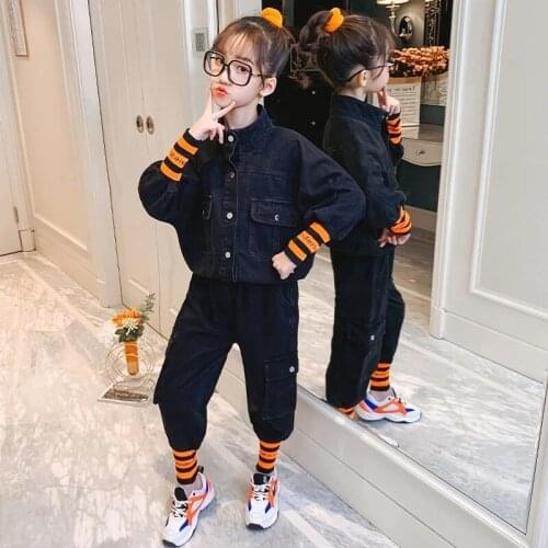 Teenage Girls Denim Clothes Set Black Kids Jeans Sets 2PCS Jackets + Pants Spring Autumn Girls School Sport Suits 4 7 10 12Years
