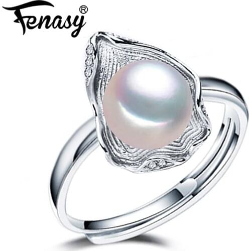 FENASY Natural Pearl Rings New Fashion 925 Sterling Silver Rings For Women Bohemian Shell Shape Party Engagement Ring