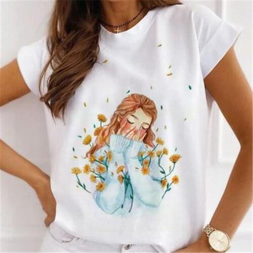 FIXSYS Girls Sunflowers Printed Tshirts Summer New Fashion Short Sleeve Women T-shirt Ladies Harajuku Casual O-neck Tops Tee