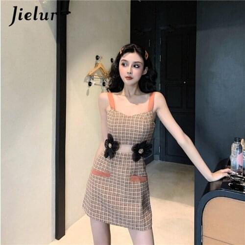 Jielur Summer Dress Plaid High Waist Sexy Mini Dresses Chic V-neck Women Dress Elegant Vestidos Backless Slim New Robe Femme
