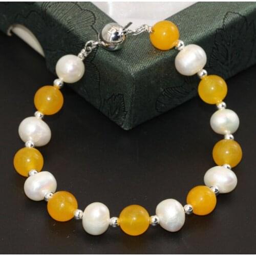 Classical high grade fashion bracelets natural 7-8mm white pearl 8mm yellow chalcedony round beads clasp jewelry 7.5inch B2741