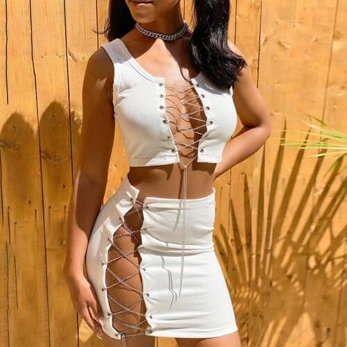 2 Piece Skirt Set Sleeveless Women Sexy Crop Top Hollow Out Skirt Bandage Lace Up Wome Matching Set Party Nightclub Outfits