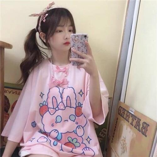 Cute Grunge Pink Rabbit Women Tops for Girls Anim E Girl Anime Tshirt Women 2020 Mall Goth Clothes for Teens Summer Woman Top
