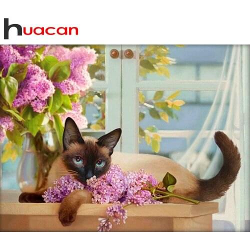 Huacan 5d DIY Diamond Painting Full Square/Round Window Cat Diamond Embroidery Kit Mosaic Lilac Flower Animal Beaded Pictures