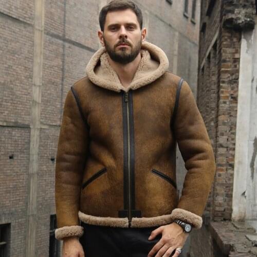 New Mens Shearling Jacket Retro Motorcycle Jacket Short Fur Jacket Hooded Leather Jacket Thicken Wool Coat