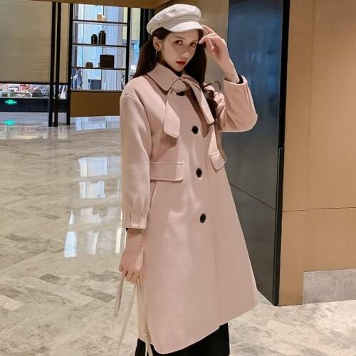 Autumn Winter Elegante Woolen Coat Women Korean Casual Ladies Long Woolen Coats Warm Clothes Femme Removable Tie
