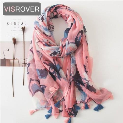 VISROVER 2020 New Pink Flower Printing Viscose Autumn Women Scarf Tassel Fashion Winter Pink Scarf Shawls Hijab Gift Wholesales