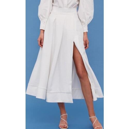 European Spring Summer New White Drape Over-the-knee Mid-length A-line High-waist Split Skirts Women Fashion Streetwear 2021