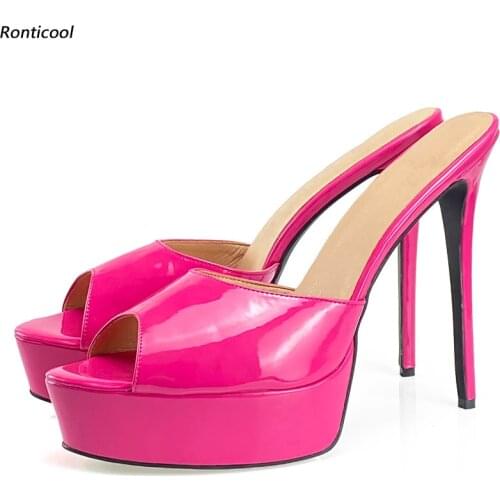 Ronticool Hot Women Platform Mules Sandals Patent Leather Sexy Stiletto Heels Peep Toe Fabulous Fuchsia Party Shoes US Size 5-20