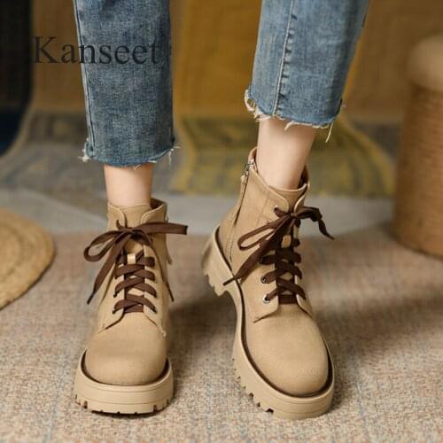 Kanseet Round Toe Ankle Boots 2021 New Arrival Autumn Winter Warm Shoes Handmade Zip Chunky Heels Women Short Boots Hot Sale 40
