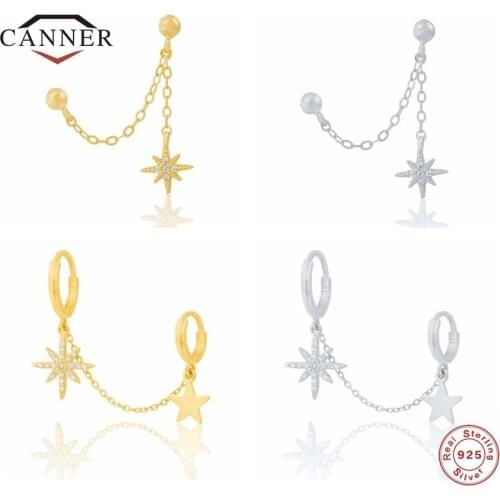 CANNER 1pc 925 Sterling Silver CZ Zircon Chain Double Piercing Stud Earrings for Women Huggie Earring Earings Jewelry Pendientes
