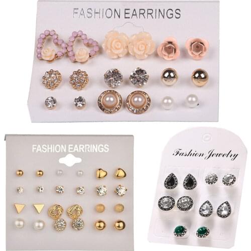 Women Stud Earrings Set Pearl Flower Elegant Cubic Zirconia Water Drop Crystal Rhinestone Earring Studs Jewelry 5/9/12 Pairs
