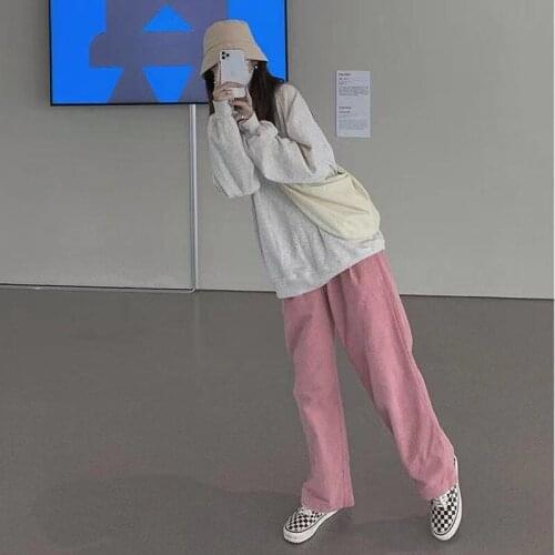 2021 Corduroy Wide Leg Pants Women Korean Style Winter Straight High Waist Trousers Female Fashion Plus velvet thickening H09