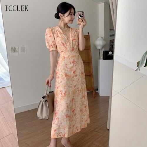 New 2021 Womens Summer Dress Vintage Elegant Dress Elegant Cross V-Neck Floral Dress Fashion Korean One-Piece Dress 8189