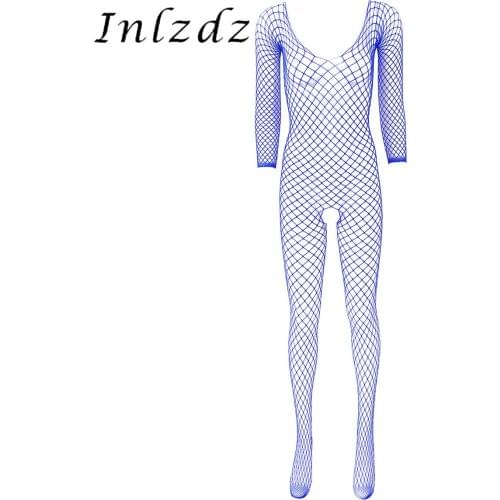 Womens Lingerie Hollow Out Fishnet Bodysuit Scoop Neck Long Sleeves Crotchless Closed Toes Stretchy Erotic Full Body Stocking