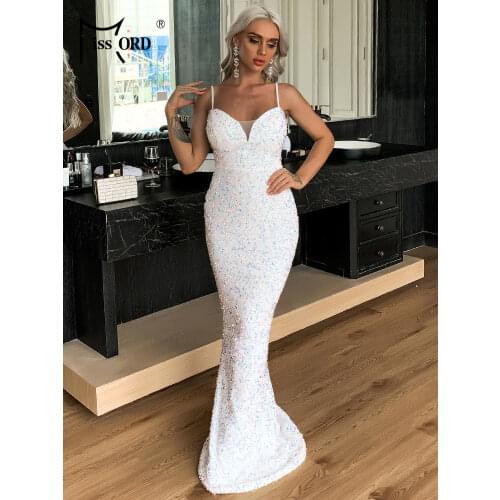 Missord Maxi Dress Women 2021 Sequins V Neck Party Fashion Sexy Evening Spaghetti Strap Bodycon Long Dresses Sleeveless White