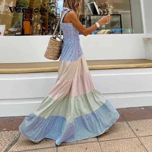Women Pleated Sleeveless Maxi Beach Dress Summer Elegant Off Shoulder Bow Sling Party Dress Lady Fashion Striped Patchwork Dress