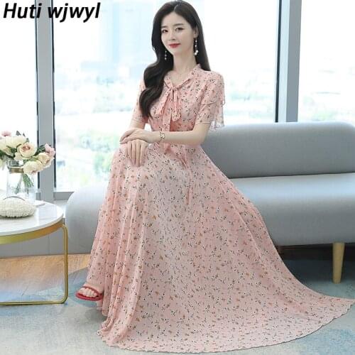 Spring Summer Pink Plus Size Boho Beach Maxi Sundress Elegant Women Bodycon Party Vestido 2021 Vintage Floral Chiffon Midi Dress