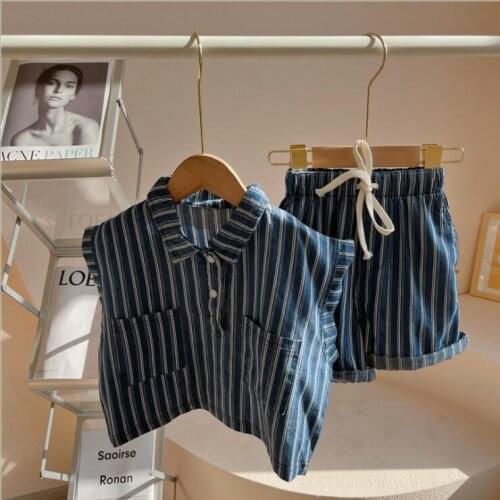 2021 new cotton girls boys 2 pcs set summer cotton denim shirt+shorts cool soft kids suit