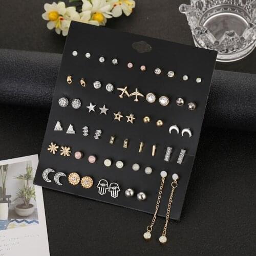 30 pairs/set new fashion small mixed gold moon star stud earrings for women elegant pearl rhinestone wedding earring gift
