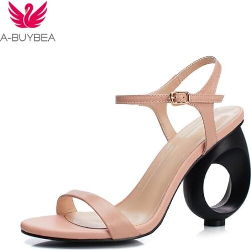 A-BUYBEA Concise Real Leather Women Sandals Strange Style High Heels Women Summer Shoes Fashion Buckle Casual Women Daily Shoes