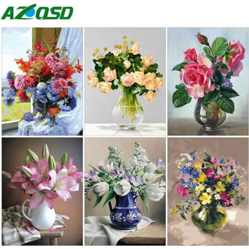 AZQSD Paint By Numbers For Adults Flower Hand Paint Kit Canvas Coloring By Numbers Floral Unframed Decoration Wall Art