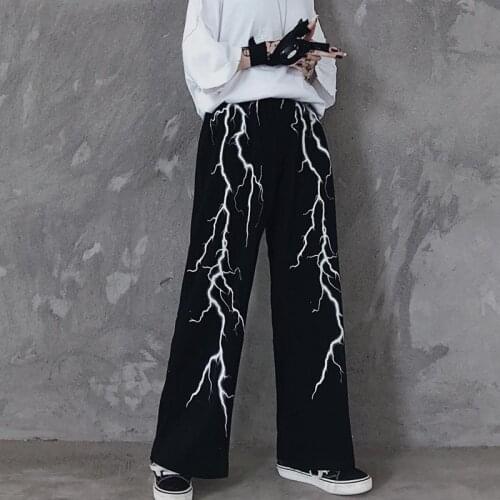 Dark lightning print loose and versatile retro pants high street straight tube wide leg pants sports casual pants men