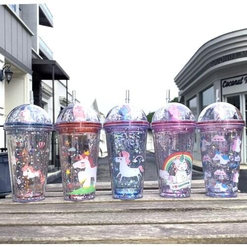 Unicorn Water Bottle Straw Type With Lid 350ml Drinking Bottle Student Water Cup Cute Plastic Female Cartoon Kettle Mug