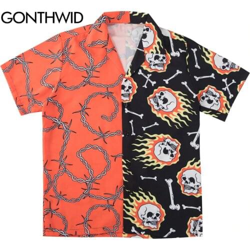 GONTHWID Skull Chain Bone Print Color Block Patchwork Hawaiian Shirts Hip Hop Casual Short Sleeve Button Down Tops Streetwear