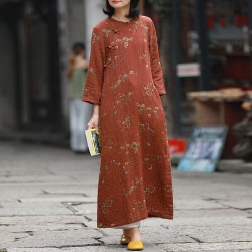 Johnature 2021 New Cotton Linen Women Spring Dress O-Neck Nine Sleeve A-Line Pockets Print Floral Cheongsam Button Vintage Dress