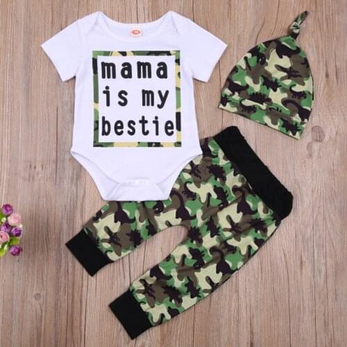 Newborn 3Pcs Romper Set Summer 2021, Letter Printed Short Sleeve Triangle Bodysuit with Camouflage Long Pants and Hat