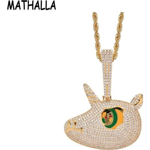 MATHALLA Hip Hop Jewelry Unicorn Pendant Necklace Ice Out CZ Stone Glittering Necklace Lucky Animal Mens and Womens Jewelry