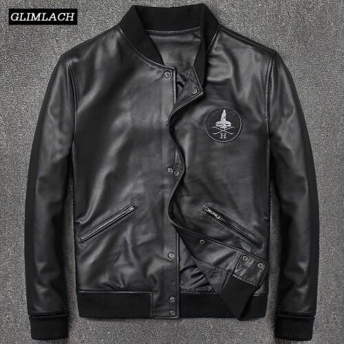 2019 Fashion Genuine Leather Aviation Bomber Jacket Men Casual Black Real Leather Aviator Jacket Sheepskin Motorcycle Streetwear